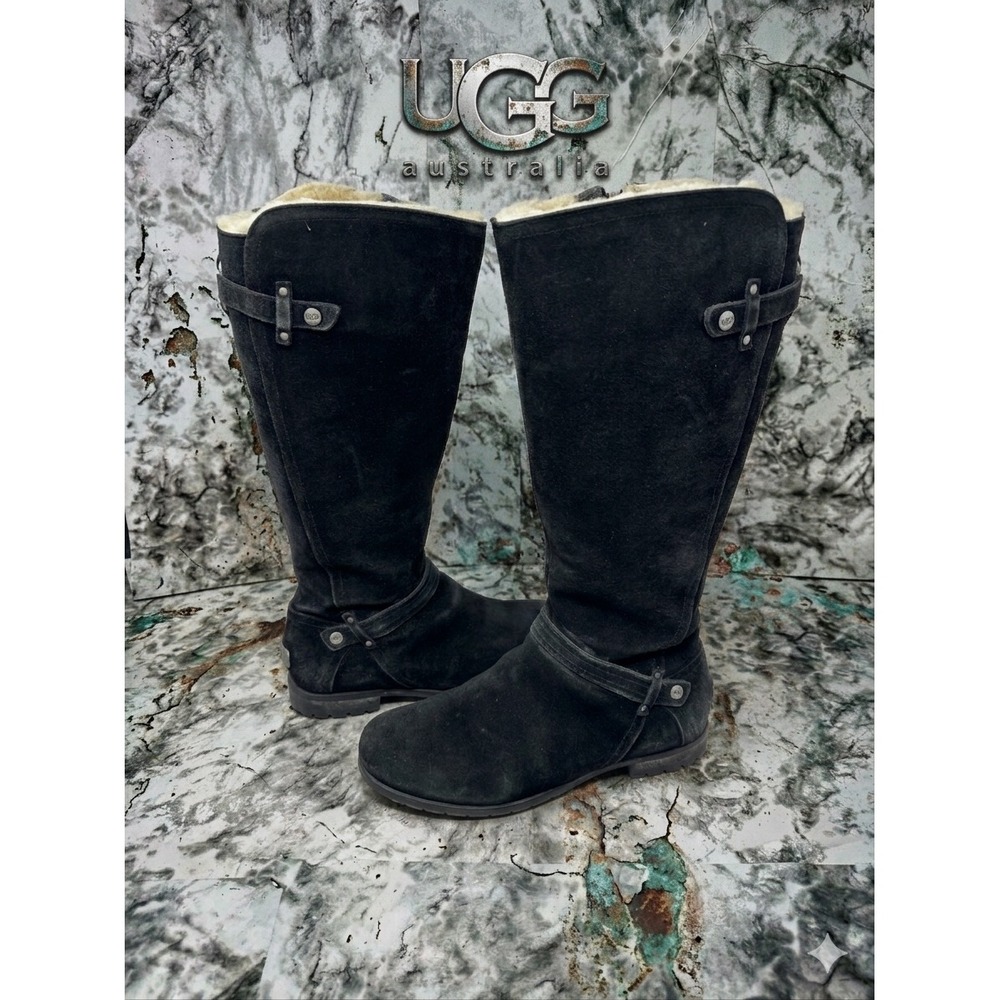 UGG Australia Tall Black Suede Real Sheepskin Boots Buckle Gorpcore Boho Western